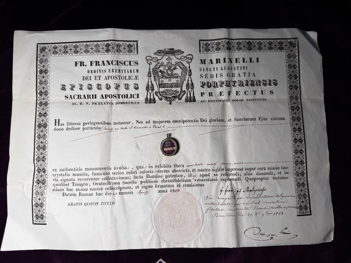 Relic Of Saint Vincent De Paul And Its Certificate Of Authenticity From 1858