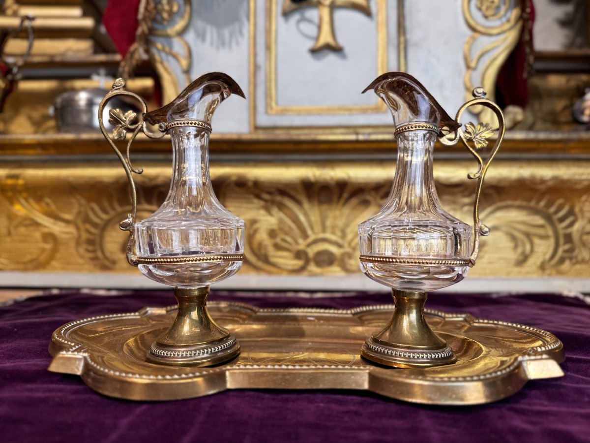 Pair Of Crystal Cruets And A Washbasin – 19th Century