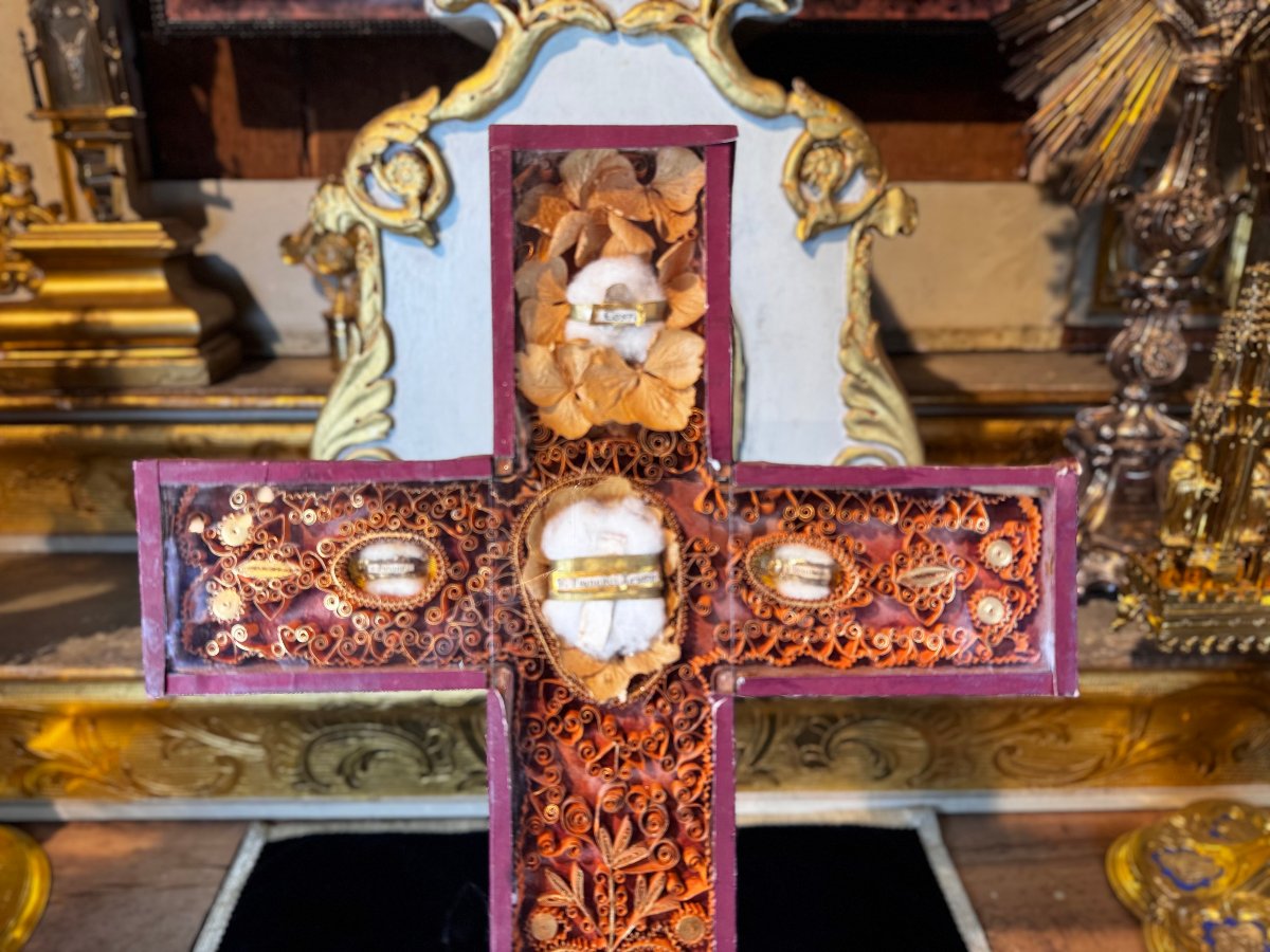 Paperolles Reliquary Cross With Nine Relics - 19th Century -photo-4