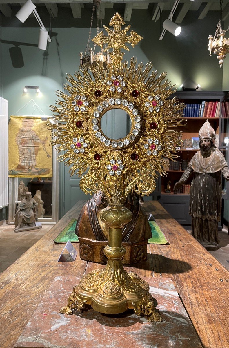Rich Monstrance In Golden Brass From The Nineteenth