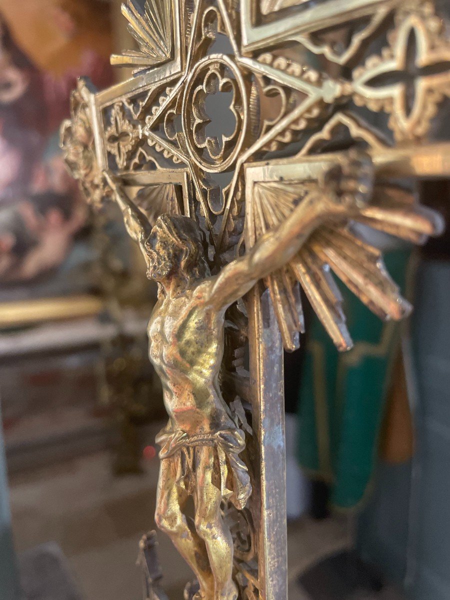 Crucifix d'Autel En Laiton Finement Travaillé - XIXe-photo-3