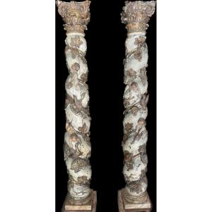 Pair Of Altarpiece Columns - Eighteenth