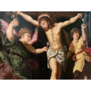 Crucifixion With Three Angels - Oil On Wood - 17th Century