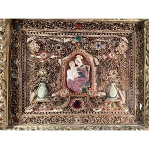Riche Tableau Reliquaire De La Vierge à L’Enfant – XVIIIe 