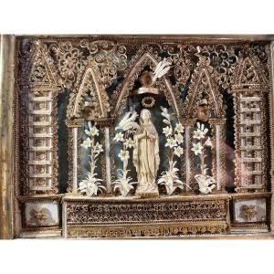 Reliquary Painting – Virgin With 19 Relics Of Saintes - 19th Century