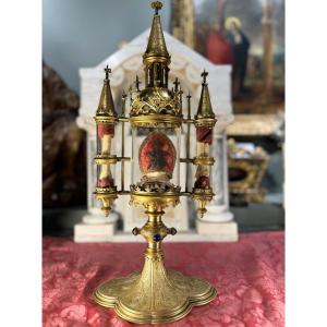 Monstrance Neo-gothic Reliquary With Three Cylinders – 19th Century