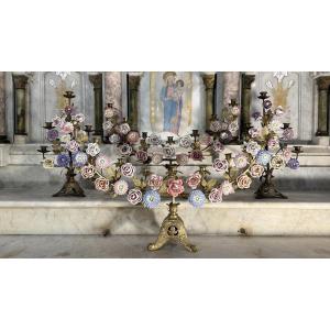 Set Of Marian Candelabra With 45 Porcelain Flowers - 19th Century