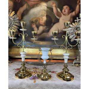 Sanctuary Lamp And Its Two Candelabras - 20th Century 