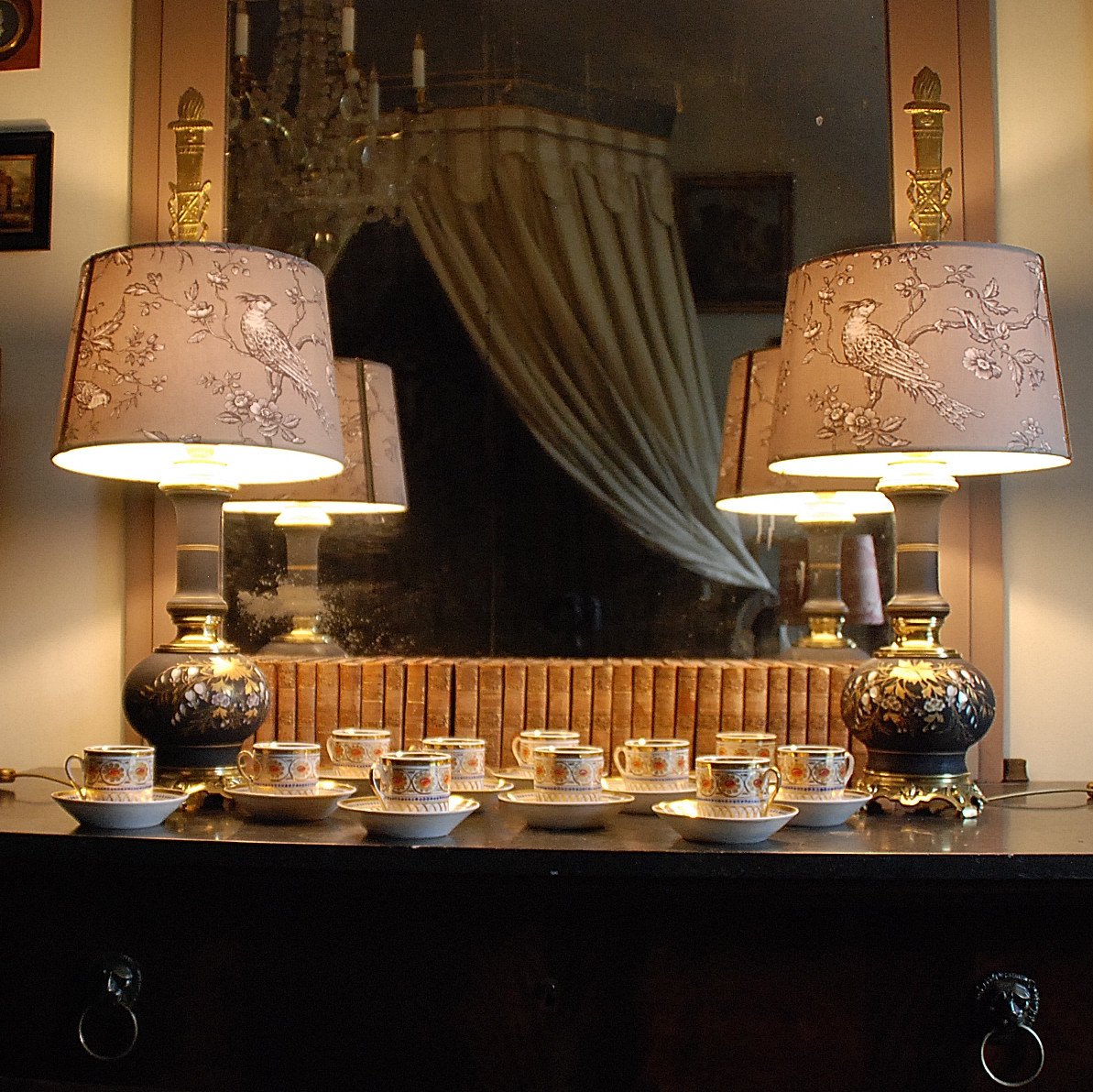 Pair Of Oil Lamps Mounted On The Lampshade.-photo-4