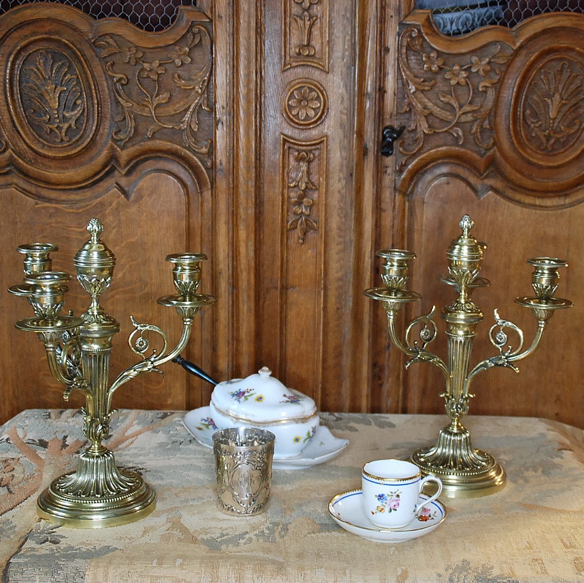 Pair Of Four-light Bronze Chandeliers,