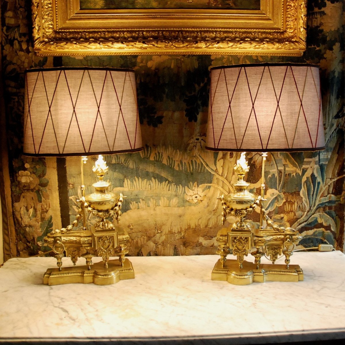 Pair Of Louis XVI Style Bronze Fireplace Fronts, Mounted As Lamps-photo-2