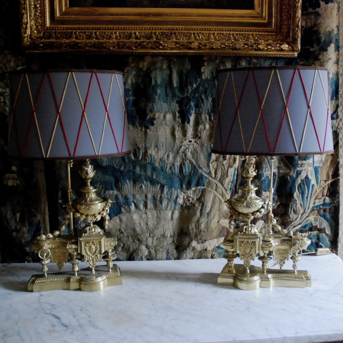 Pair Of Louis XVI Style Bronze Fireplace Fronts, Mounted As Lamps