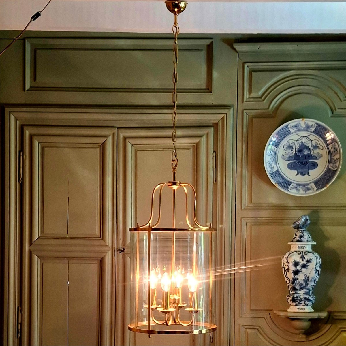 Grande lanterne circulaire en laiton de style Louis XVI– 1970/1980-photo-3