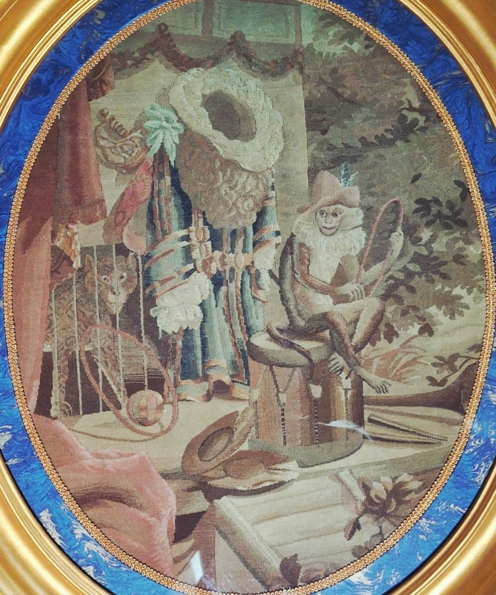 Paire de tapisserie d'Aubusson  XVIIIème dans une paire de cadre ovale de style Louis XVI-photo-5