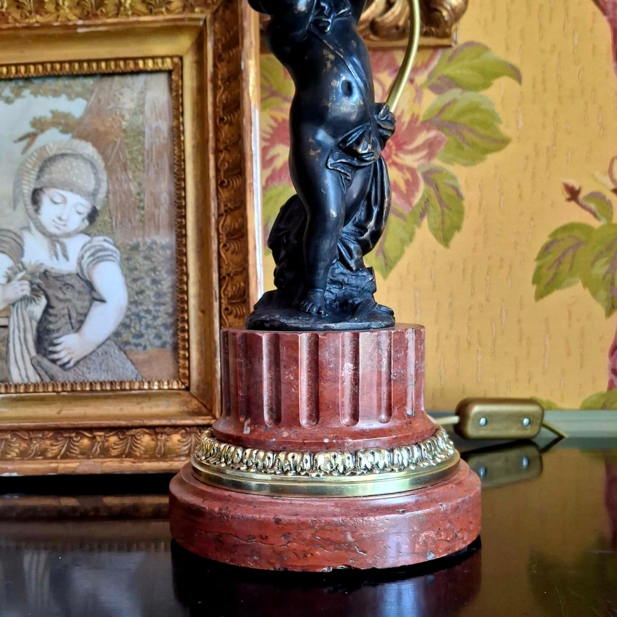 Bronze Statuette Of A Child On A Griotte Marble Base, Mounted As A Lamp -photo-2