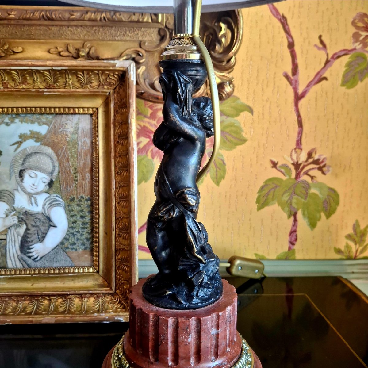 Bronze Statuette Of A Child On A Griotte Marble Base, Mounted As A Lamp -photo-3