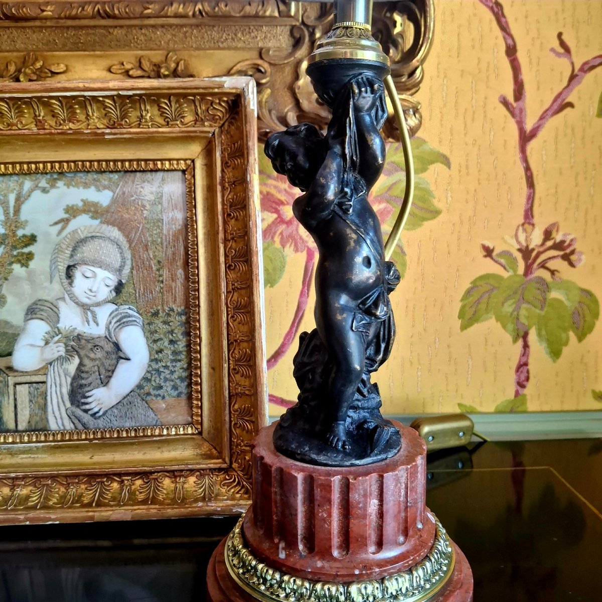 Bronze Statuette Of A Child On A Griotte Marble Base, Mounted As A Lamp -photo-1