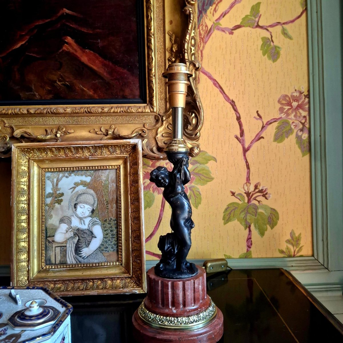 Bronze Statuette Of A Child On A Griotte Marble Base, Mounted As A Lamp -photo-2
