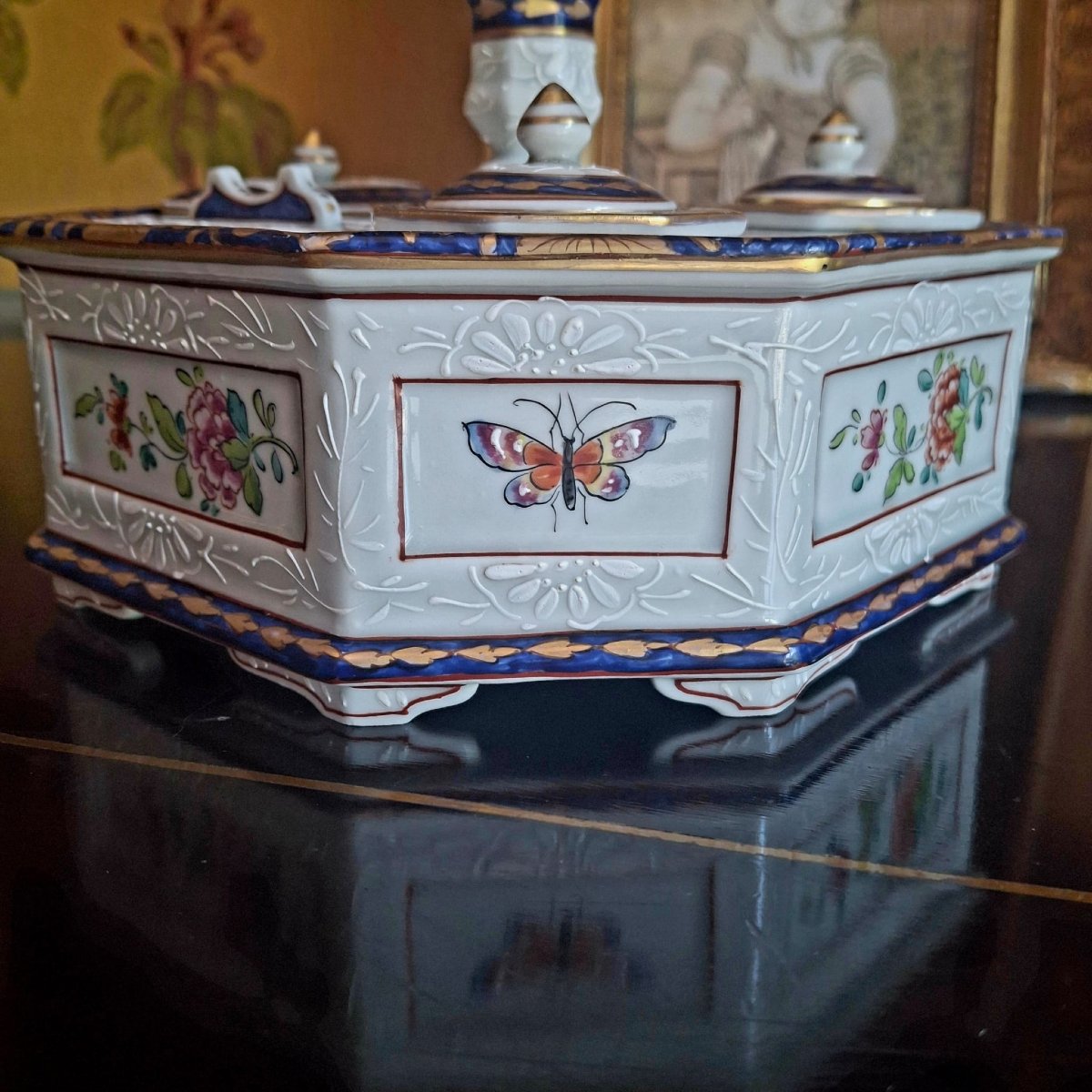 Grand encrier de bureau en porcelaine par Samson-photo-2