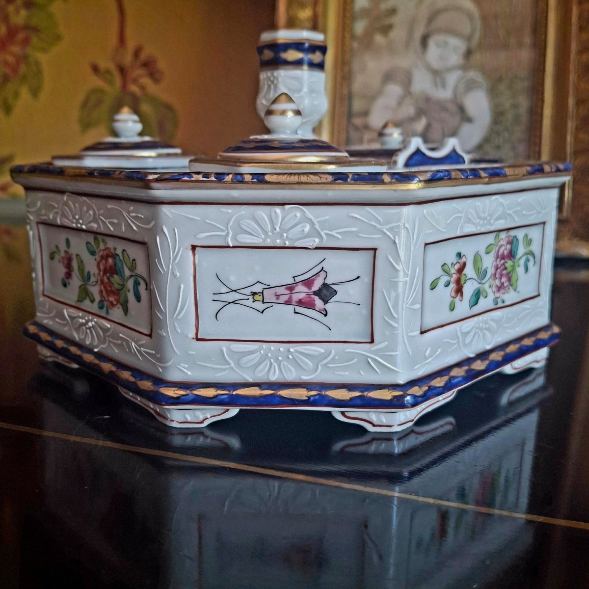 Grand encrier de bureau en porcelaine par Samson-photo-3