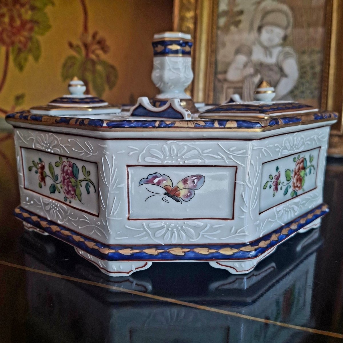 Grand encrier de bureau en porcelaine par Samson-photo-4