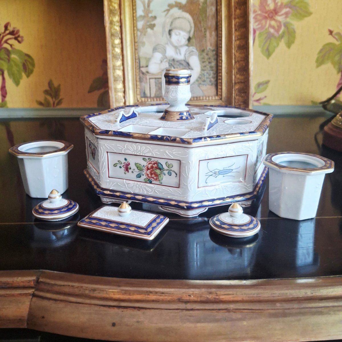 Grand encrier de bureau en porcelaine par Samson-photo-5