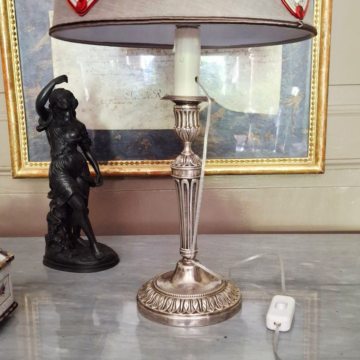 Silver-plated Brass Candlestick From The Late Louis XVI Period, Converted Into A Lamp-photo-3