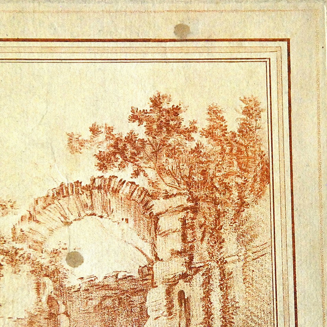 Gravure  encre sanguine :  Cour de ferme avec à droite, des bâtiments en ruines-photo-2