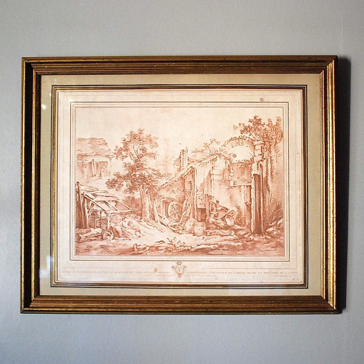 Gravure  encre sanguine :  Cour de ferme avec à droite, des bâtiments en ruines
