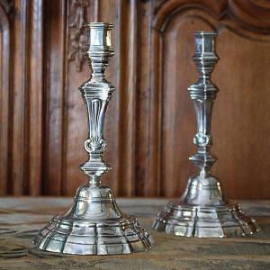 Pair Of Regency Period Candlesticks In Silvered Bronze