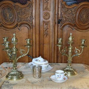 Pair Of Four-light Bronze Chandeliers,