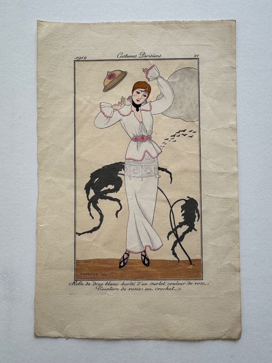 Costumes Parisiens. Robe De Drap Blanc Bordé d'Un Ourlet Couleur De Roses. 1912-photo-2