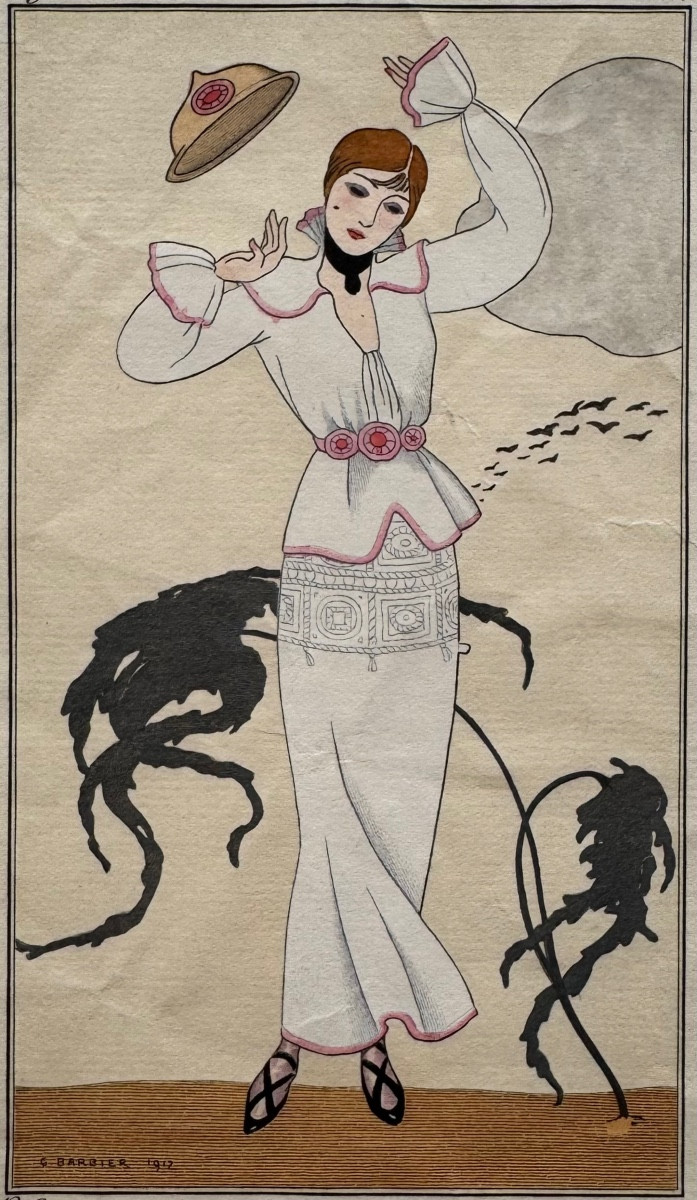 Costumes Parisiens. Robe De Drap Blanc Bordé d'Un Ourlet Couleur De Roses. 1912