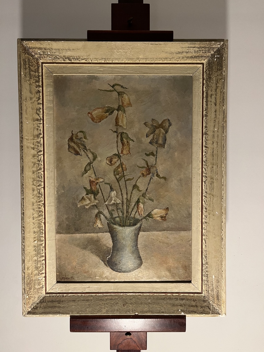 Nature morte, Campanules à cloches, titrée fiori secchi, par Fernando Manetti (1899-1964).