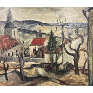 Paysage Néo-cubiste par René-Etienne Haguenauer (français, 1922-?)