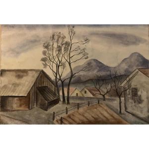 Paysage du Voralberg, Tyrol, Autriche, par Oswald Baer, peintre autrichien (1906-1941).