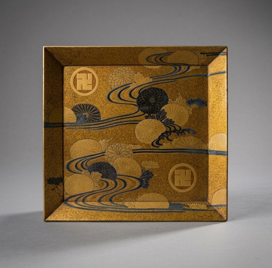 Meiji Lacquer Tray - Chrysanthemum Decor And Manji Medallions