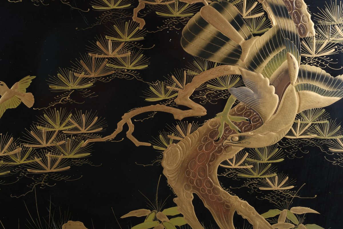 Grand plateau en laque Urushi à décor de pins et oiseaux - Japon, Époque Meiji Circa 1900-photo-3