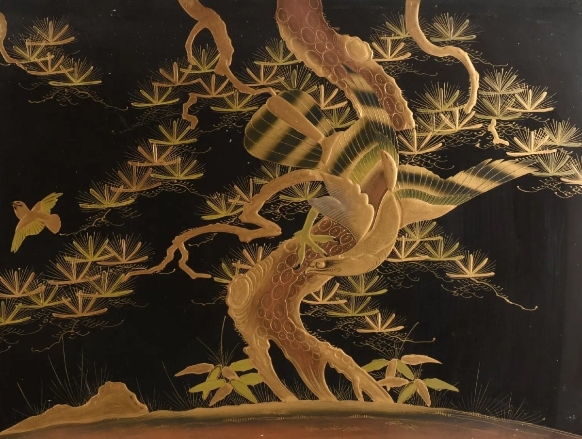 Grand plateau en laque Urushi à décor de pins et oiseaux - Japon, Époque Meiji Circa 1900-photo-4