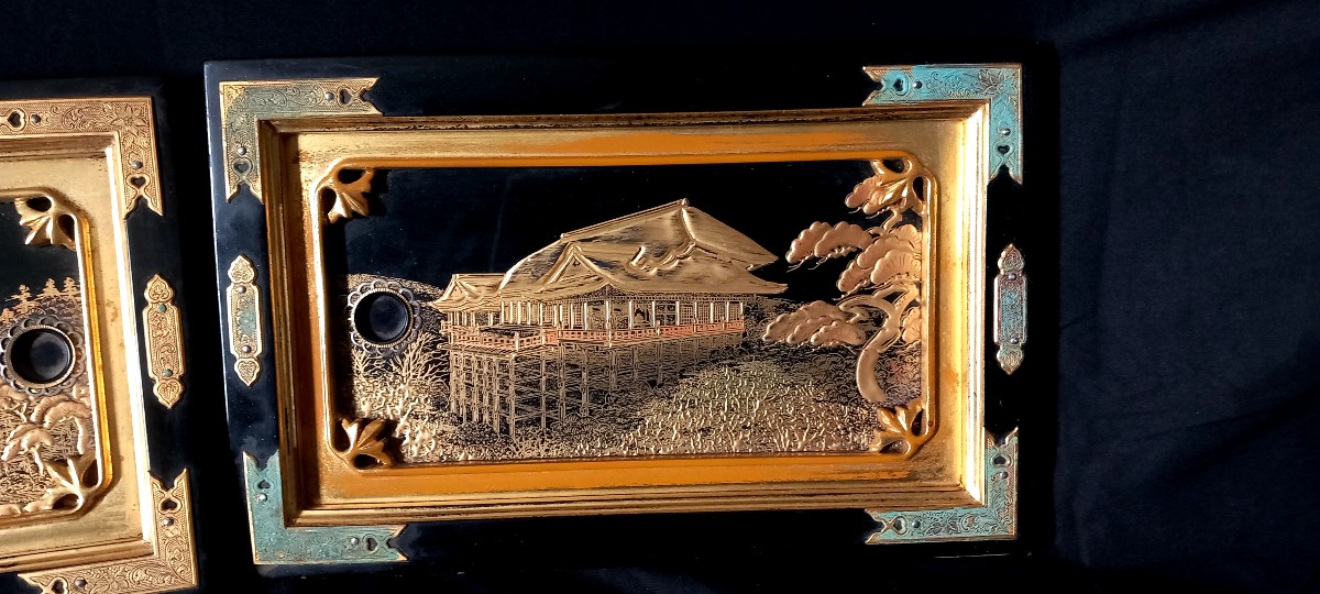 Paire de Panneaux en Laque – Temple Kinkaku-ji et Kiyomizu-dera – Japon-photo-3
