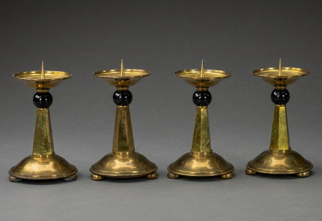 Suite de 4 chandeliers Art Déco en laiton et verre noir – Époque 1930