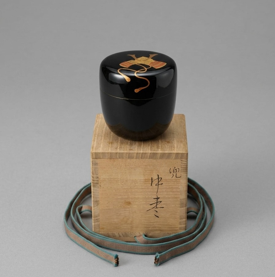 Natsume (boîte à thé) en laque du Japon - casque de samouraï (Kabuto)