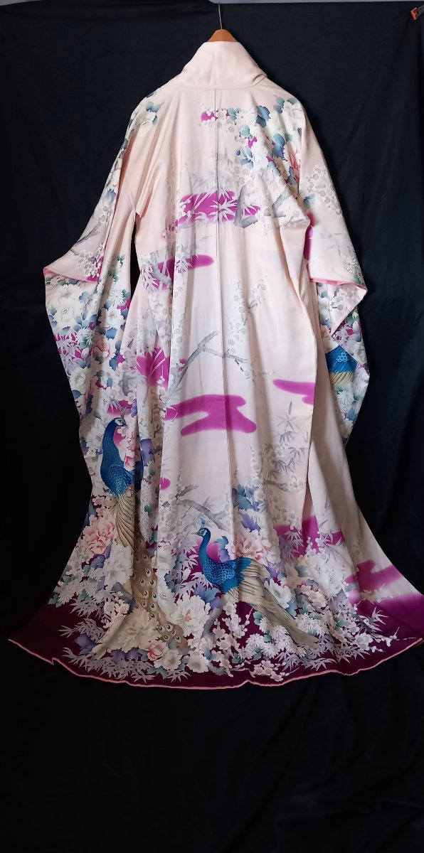 Large Silk Kimono (furisode), Peacock And Peony Motif – Japan, 20th Century-photo-2