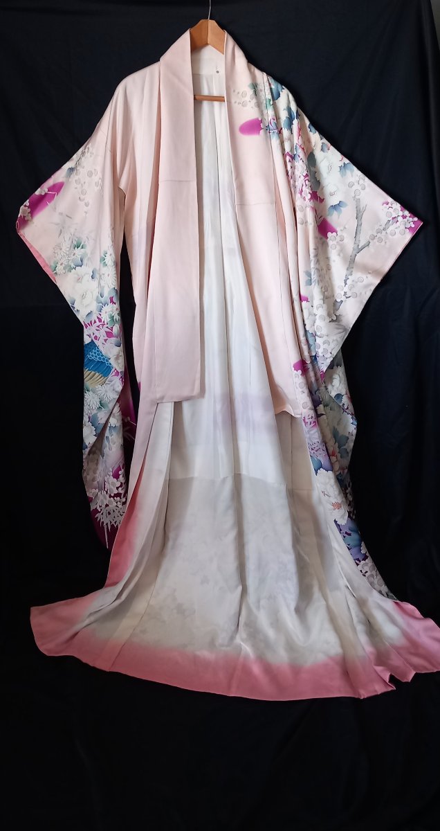 Large Silk Kimono (furisode), Peacock And Peony Motif – Japan, 20th Century
