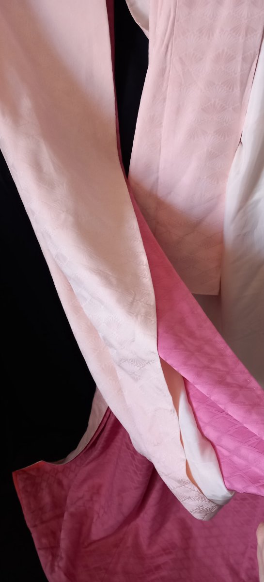 Kimono d'Hiver en Soie Damassée (Awase) Rose Dragée et Fuchsia – Japon, XXe Siècle-photo-3