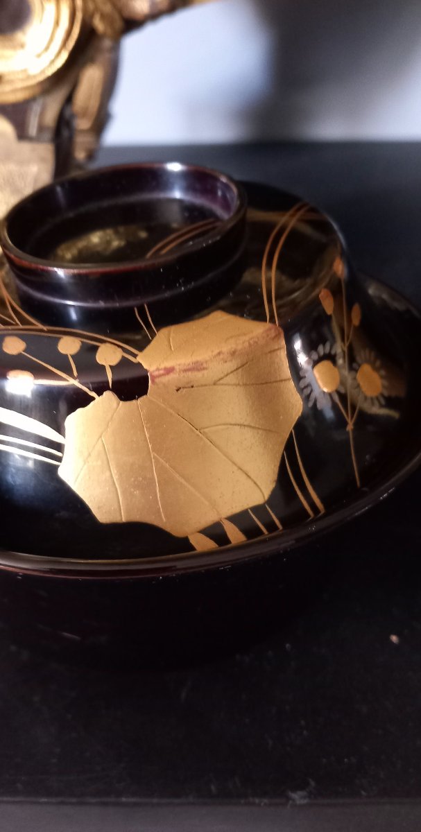 Bol laque - ensemble de Trois Bols à Miso Couverts -  Maki-e d'Or, Période Taisho-photo-2