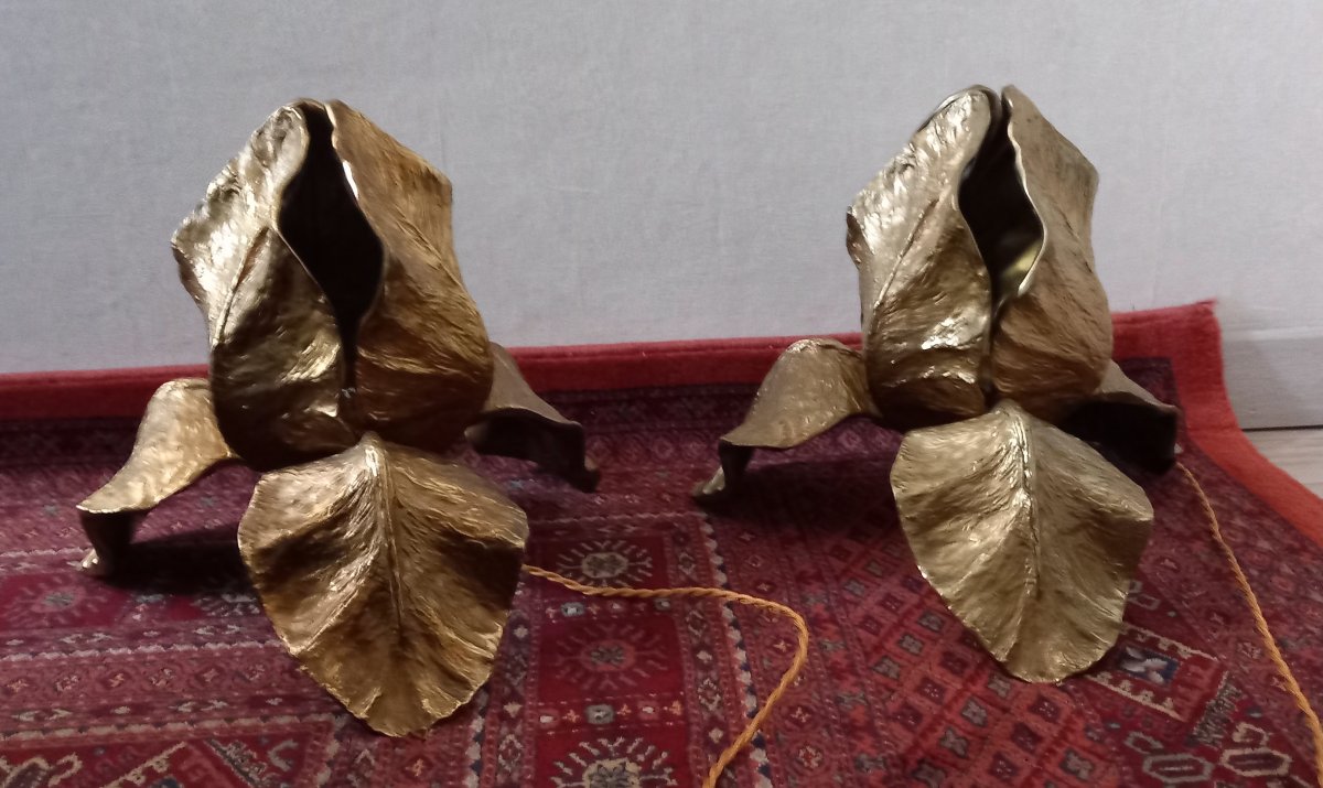 Pair Of Maison Charles "iris" Bronze Lamps, 1970s-photo-2