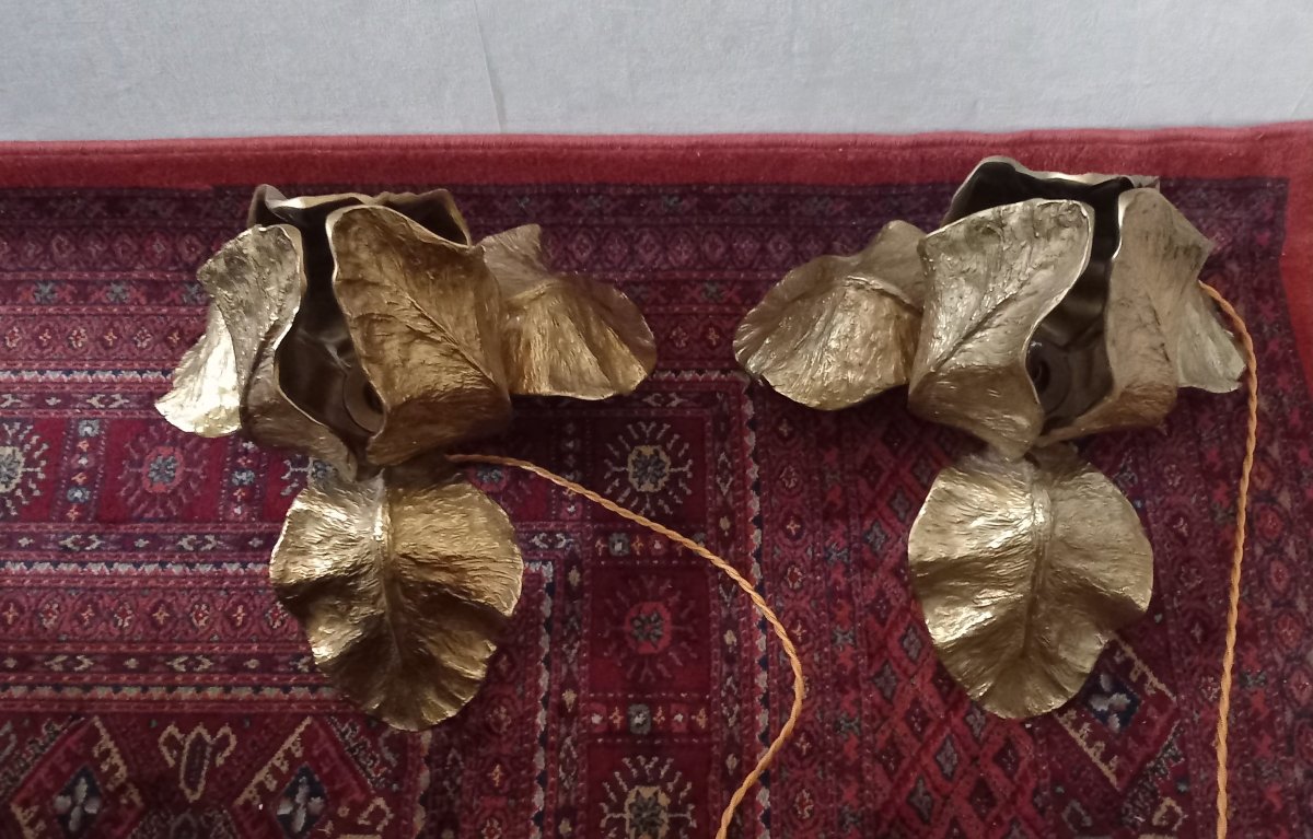 Pair Of Maison Charles "iris" Bronze Lamps, 1970s-photo-3