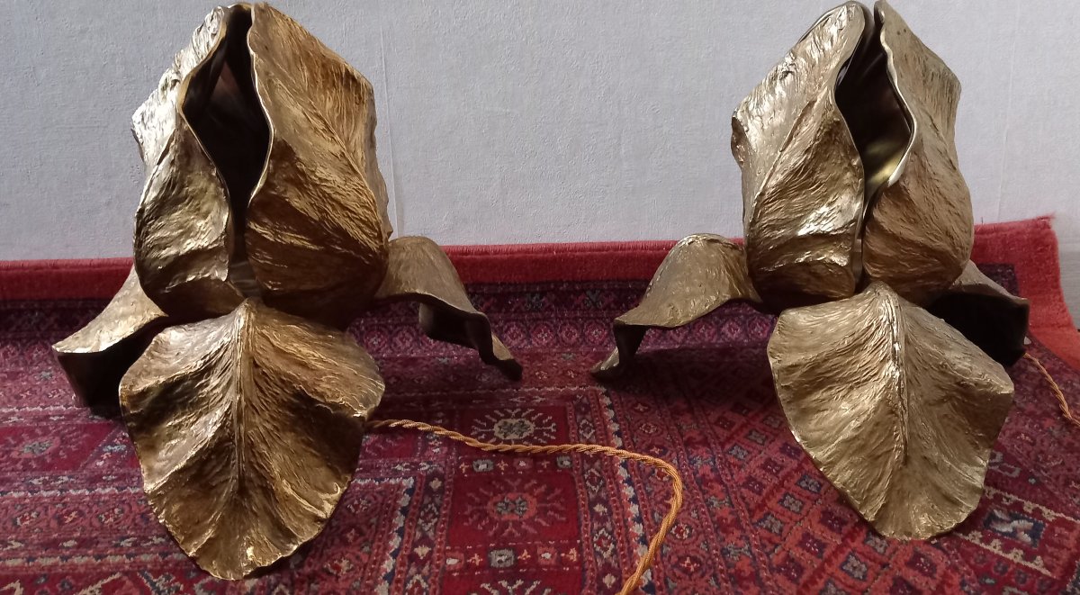 Pair Of Maison Charles "iris" Bronze Lamps, 1970s-photo-4