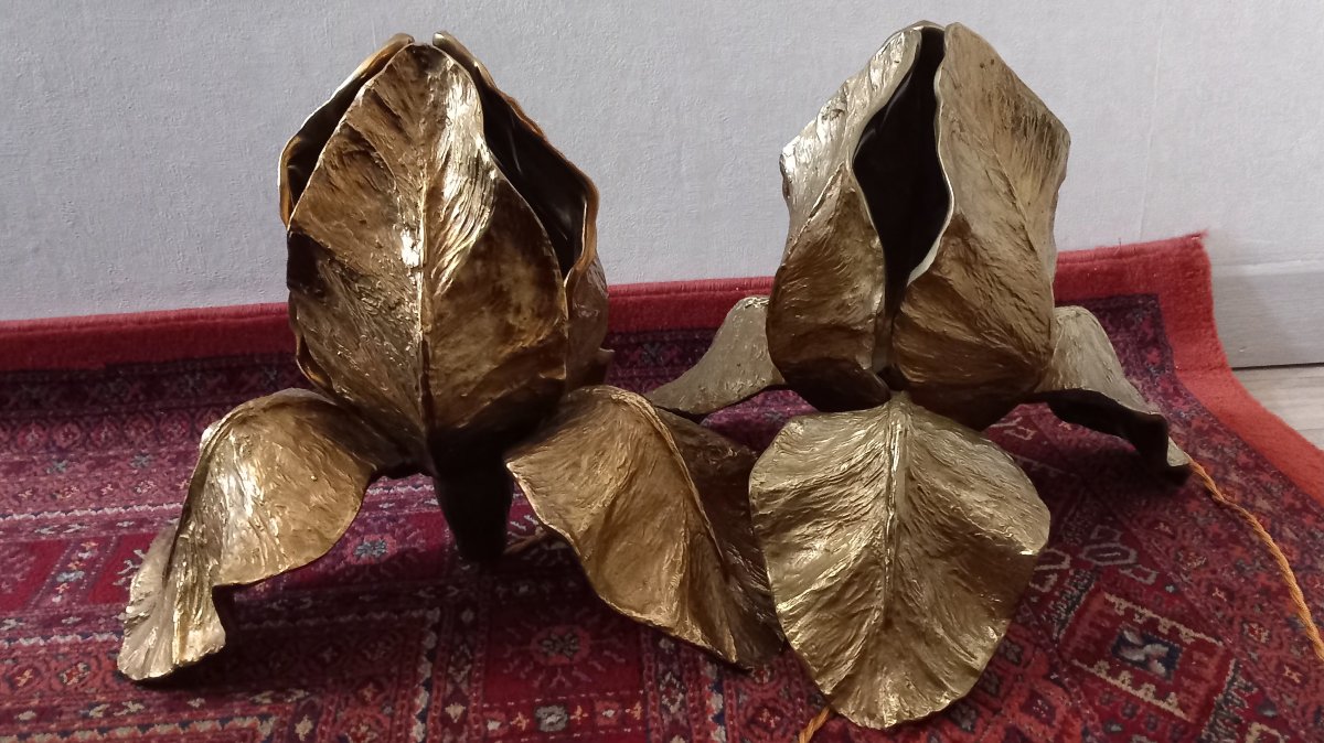 Pair Of Maison Charles "iris" Bronze Lamps, 1970s-photo-1